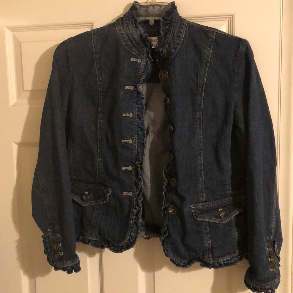 Dark Wash Jean Jacket with ruffle detail, Small